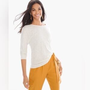 🆕 CHICO'S | Cream Gold Metallic Stripe Neutral 3/4 Sleeve Easy Tee Top | Large